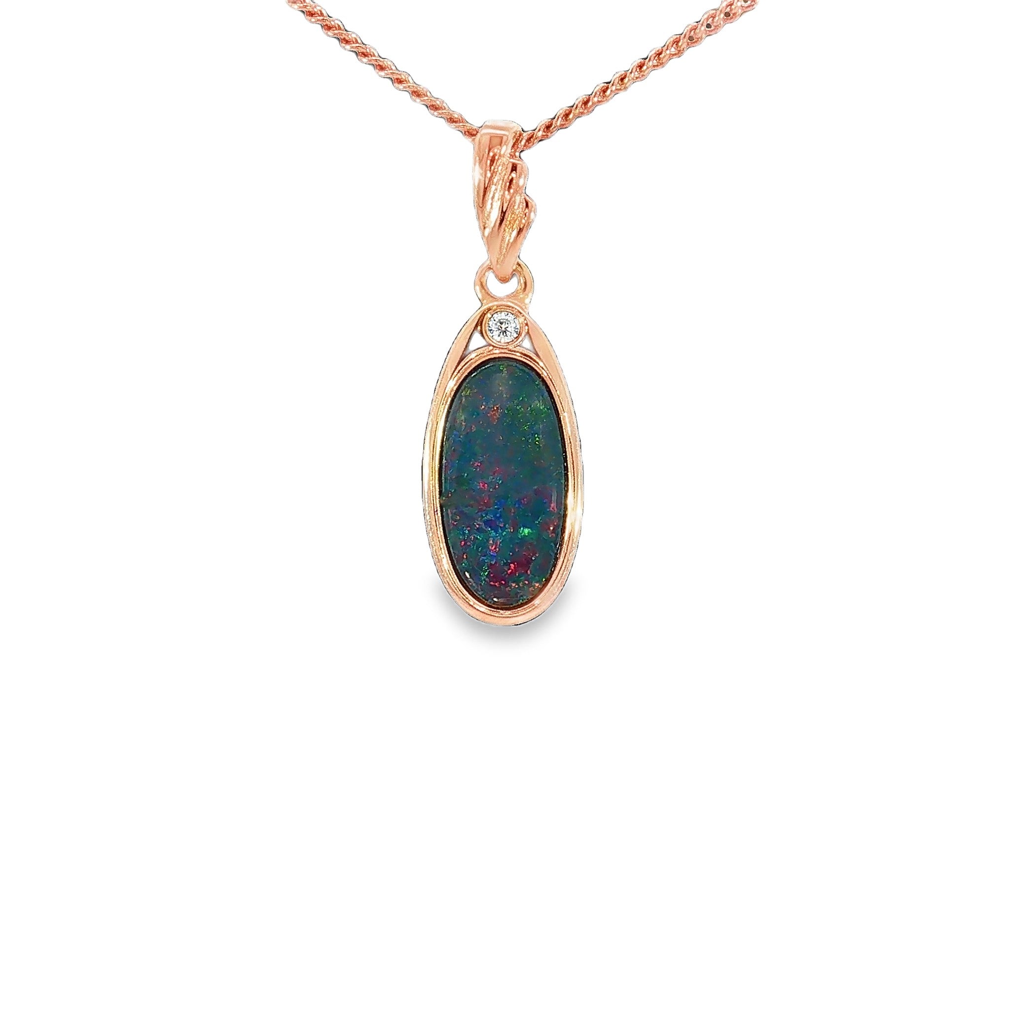 12 x 6.5mm oval Australian opal doublet pendant in rose gold-plated silver
