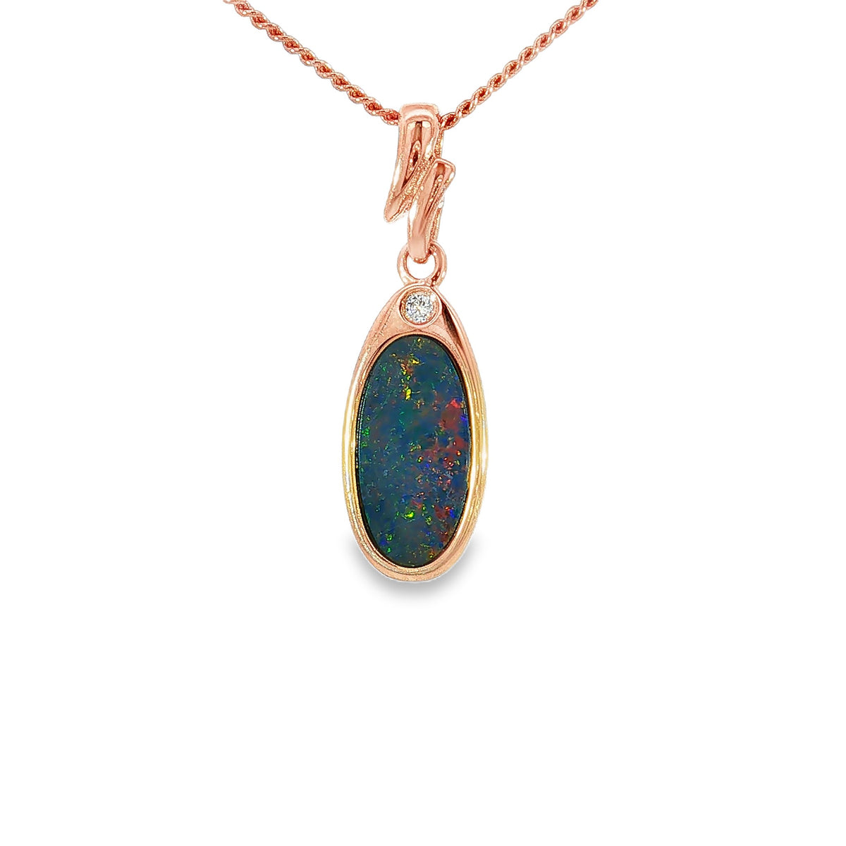 12 x 6mm oval Australian opal doublet pendant in rose gold-plated silver