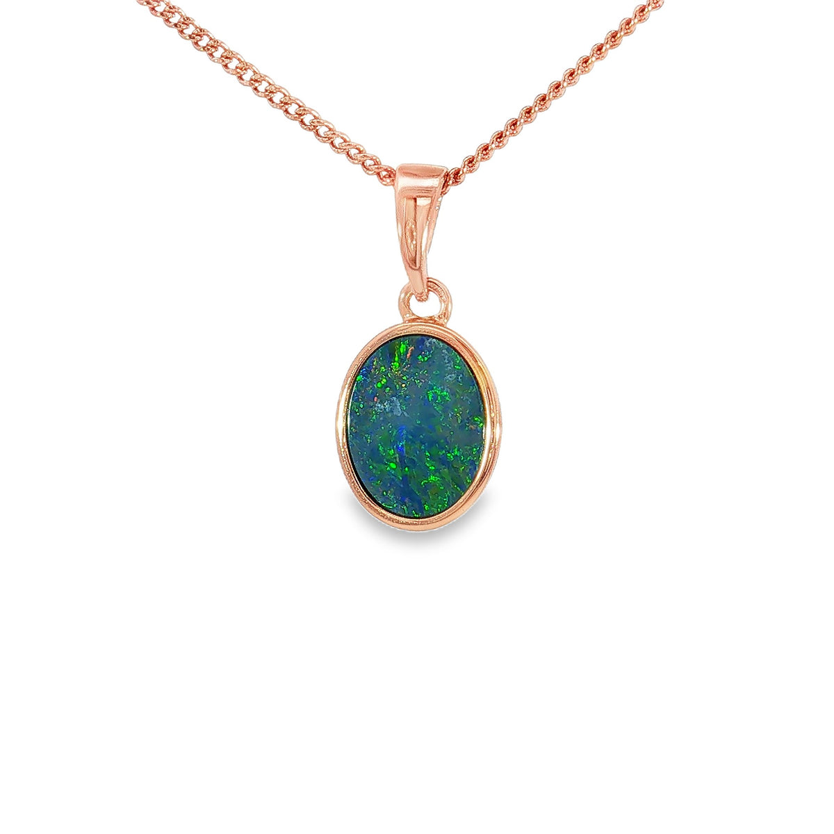 10 x 8mm oval Australian opal doublet pendant in rose gold-plated silver