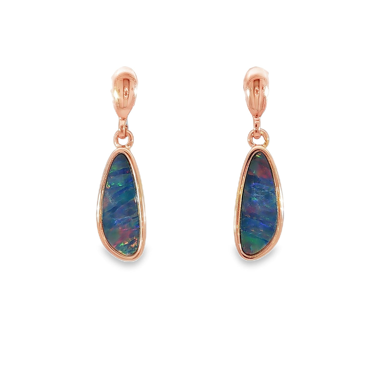 13 x 5mm pear-shaped Australian opal doublet earrings in rose gold-plated silver
