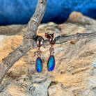 Australian opal doublet earrings, rose gold-plated silver, 15 x 5mm stones showing green and blue