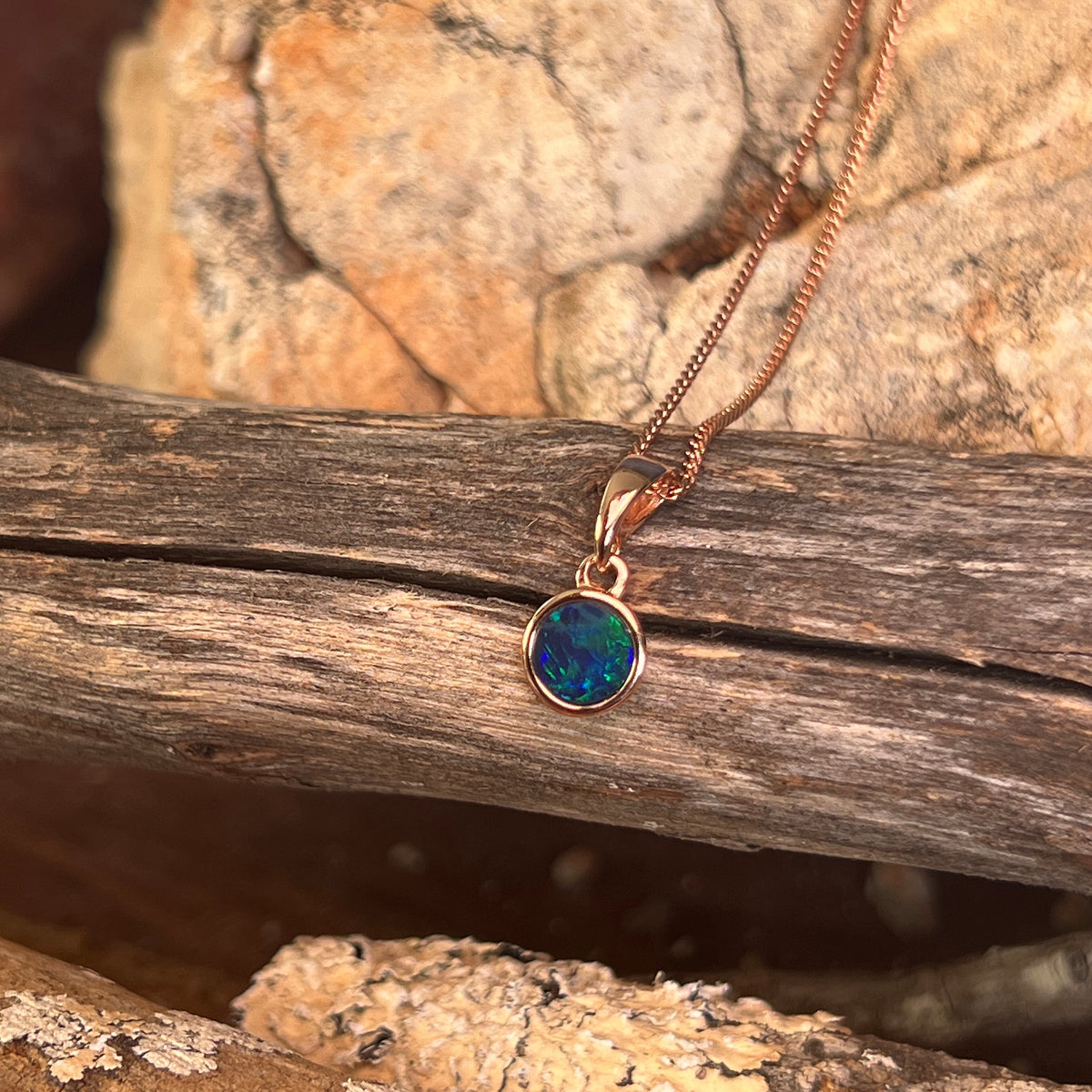 6mm Australian opal doublet pendant in rose gold-plated silver, green, red and blue