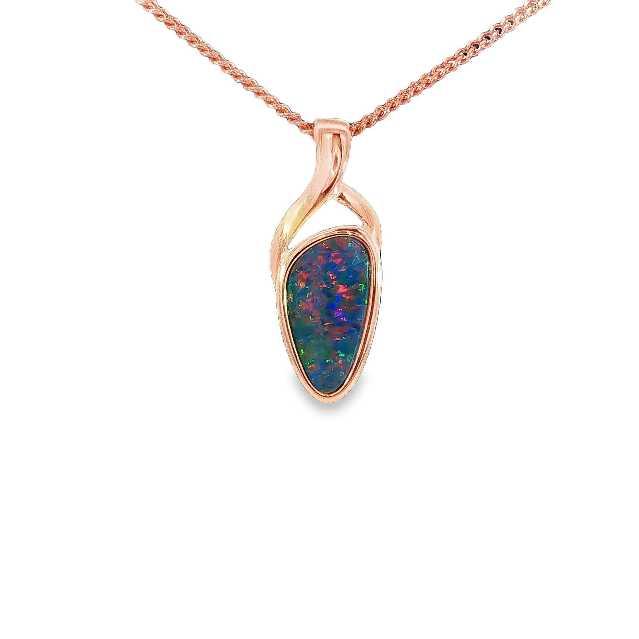 11 x 5.5mm triangular Australian opal doublet pendant in rose gold-plated silver