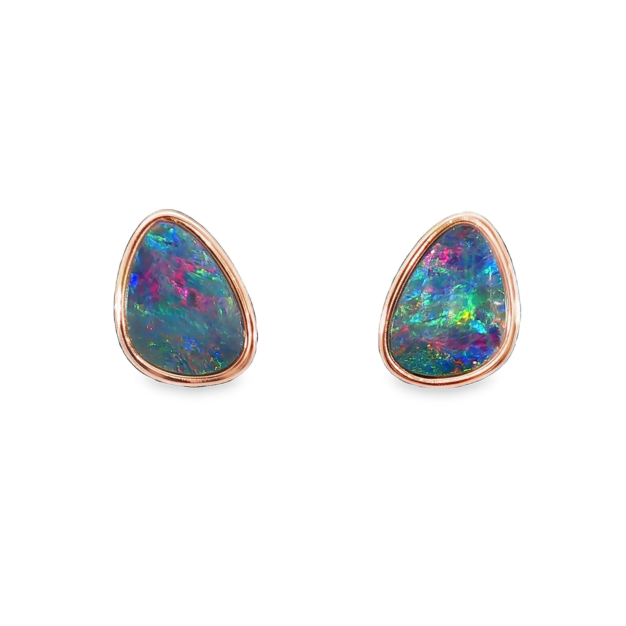 10 x 8mm triangular Australian opal doublet earrings in rose gold-plated silver