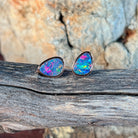triangular Australian opal doublet earrings in rose gold-plated silver, red, blue and green play-of-colour