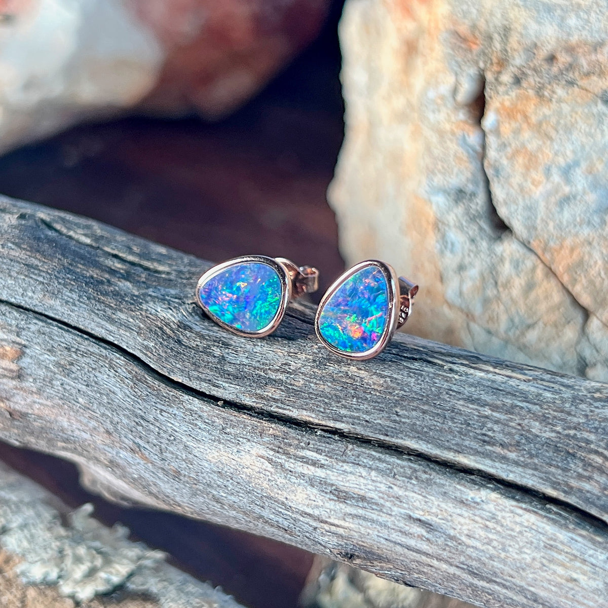 rose gold-plated silver Australian opal doublet earrings with 10 x 8mm triangular stones