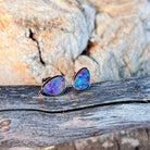 red, blue and green play-of-colour in 10 x 8mm triangular Australian opal doublet earrings