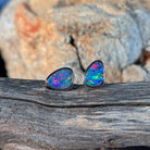 Australian opal doublet earrings, rose gold-plated silver, 10 x 8mm stones showing red, blue and green