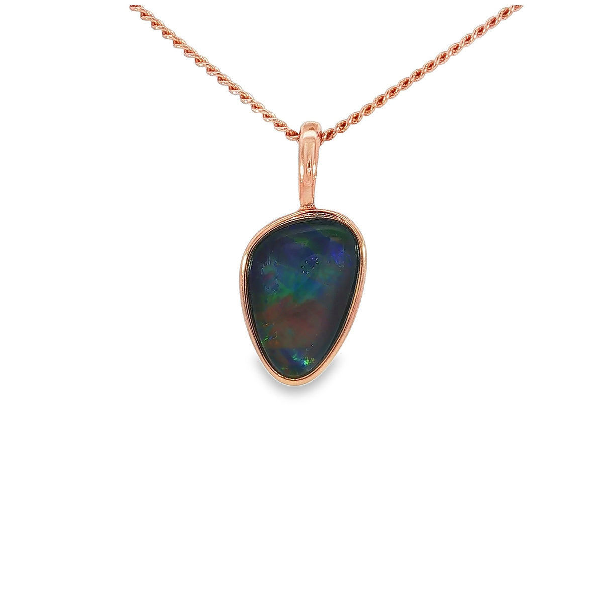12 x 8mm freeform Australian opal triplet pendant in rose gold-plated silver, red, green and blue