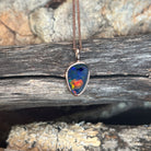 Australian opal triplet pendant, rose gold-plated silver, freeform 12 x 8mm stone, red, green and blue