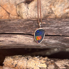 rose gold-plated silver bezel-set Australian opal triplet pendant, red, green and blue play-of-colour