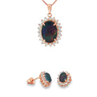 14 x 10mm oval Australian opal triplet pendant and earring set in rose gold-plated silver