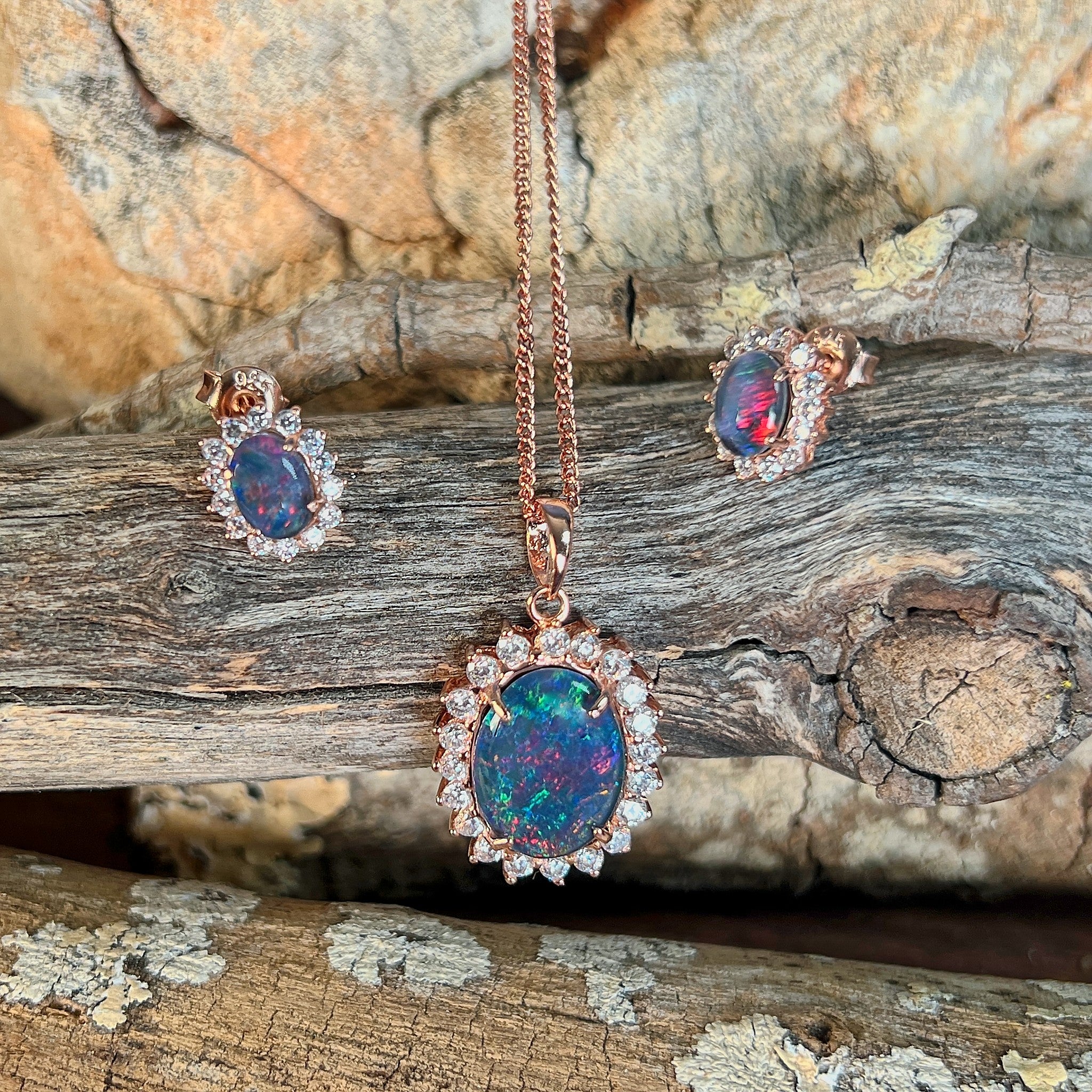 14 x 10mm Australian opal triplet pendant and earring set in rose gold-plated silver, red, blue and green
