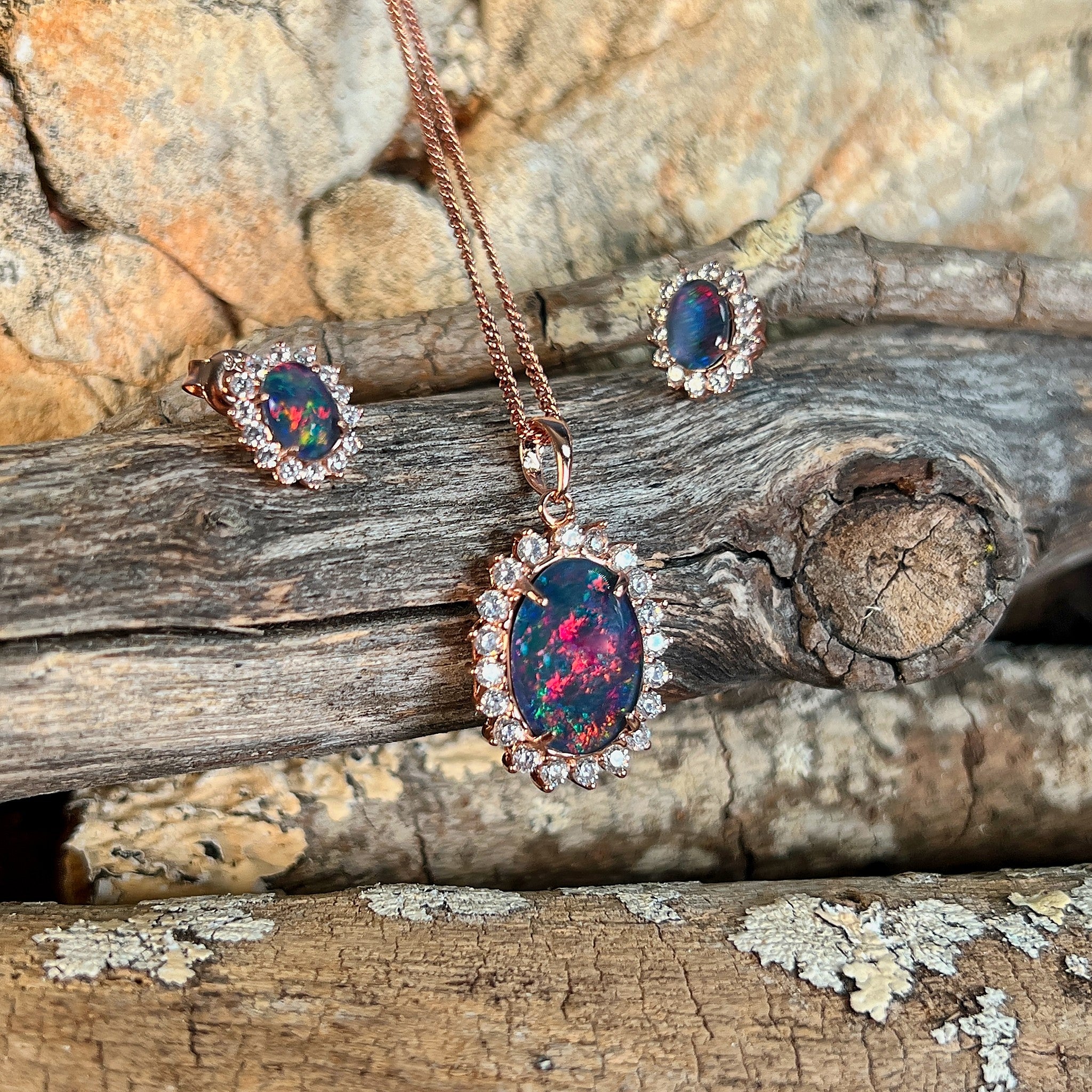 Australian opal triplet pendant and earring set, rose gold-plated silver, 14 x 10mm stone showing red, blue and green