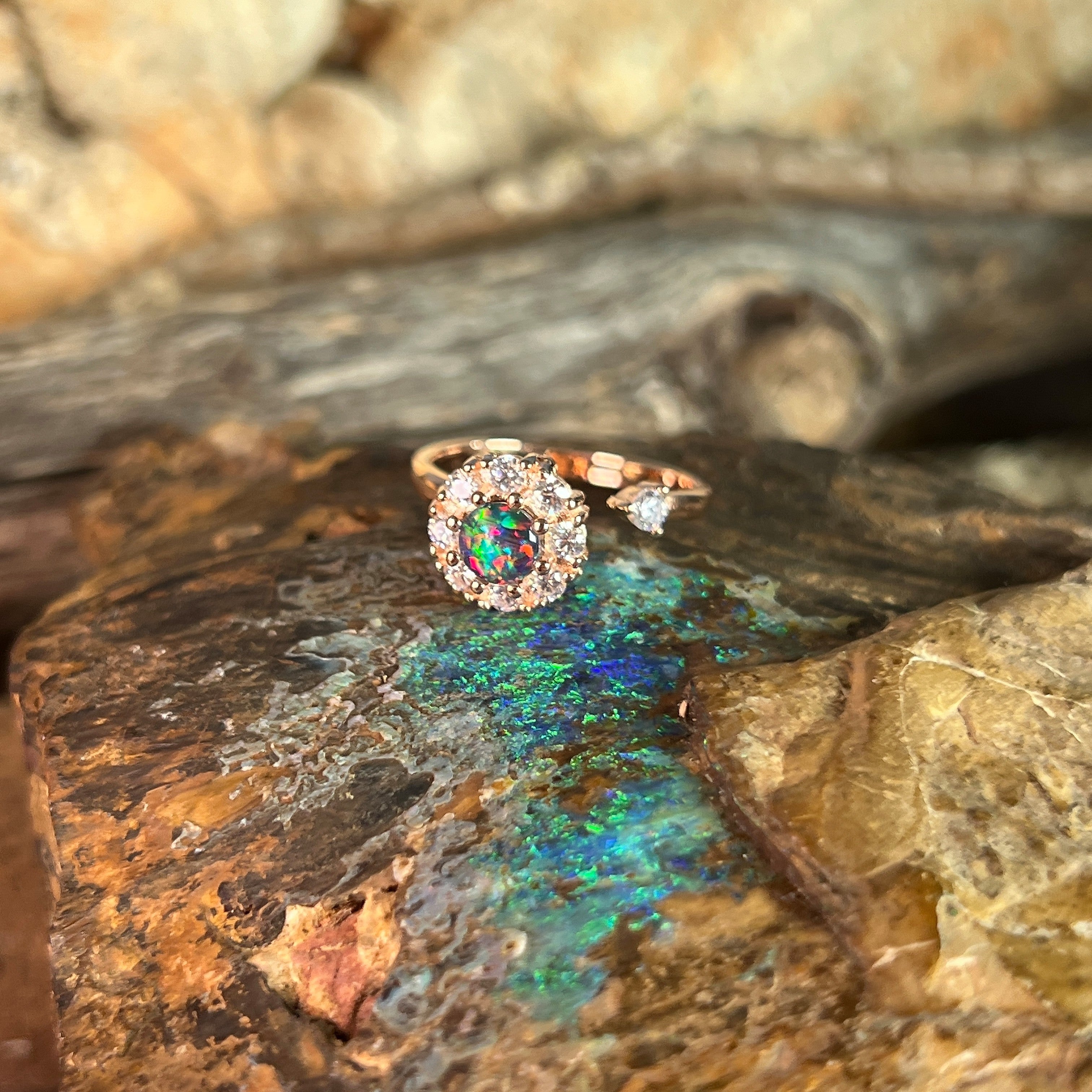 round Australian opal triplet ring in rose gold-plated silver, red, blue and green play-of-colour