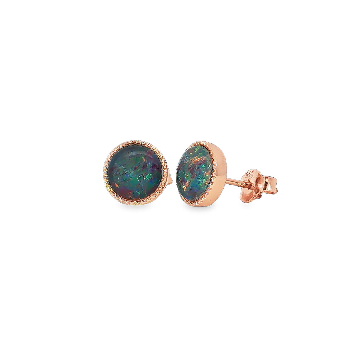 7mm round Australian opal triplet earrings in rose gold-plated silver