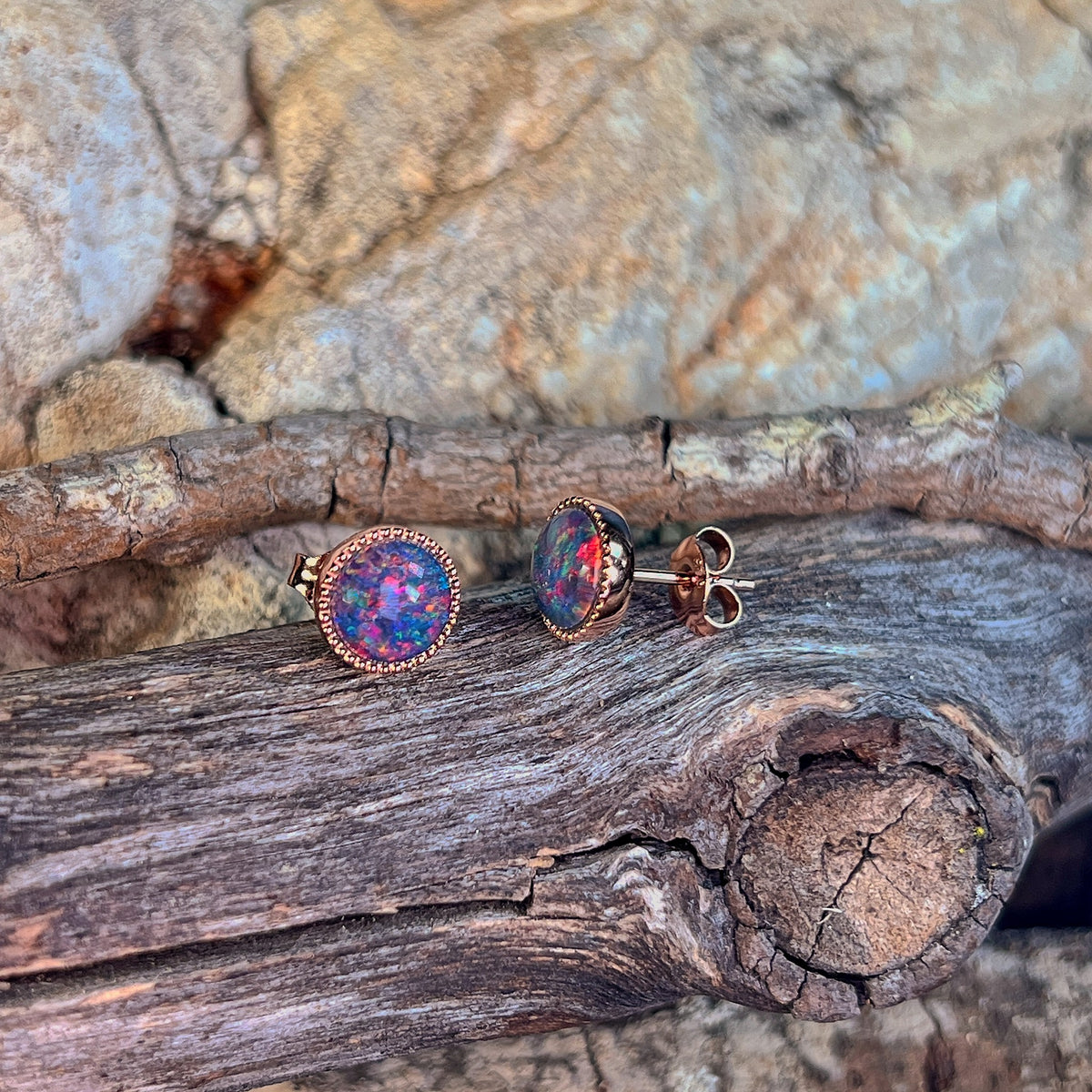 Australian opal triplet earrings, rose gold-plated silver, 7mm stones showing red, blue and green
