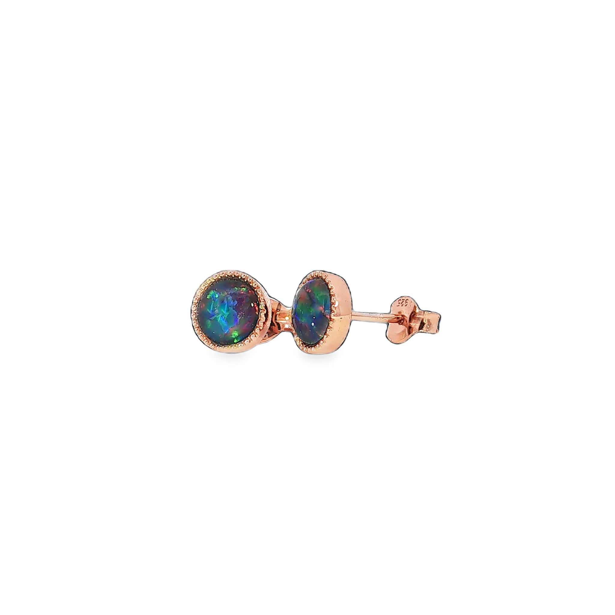 6mm round Australian opal triplet earrings in rose gold-plated silver