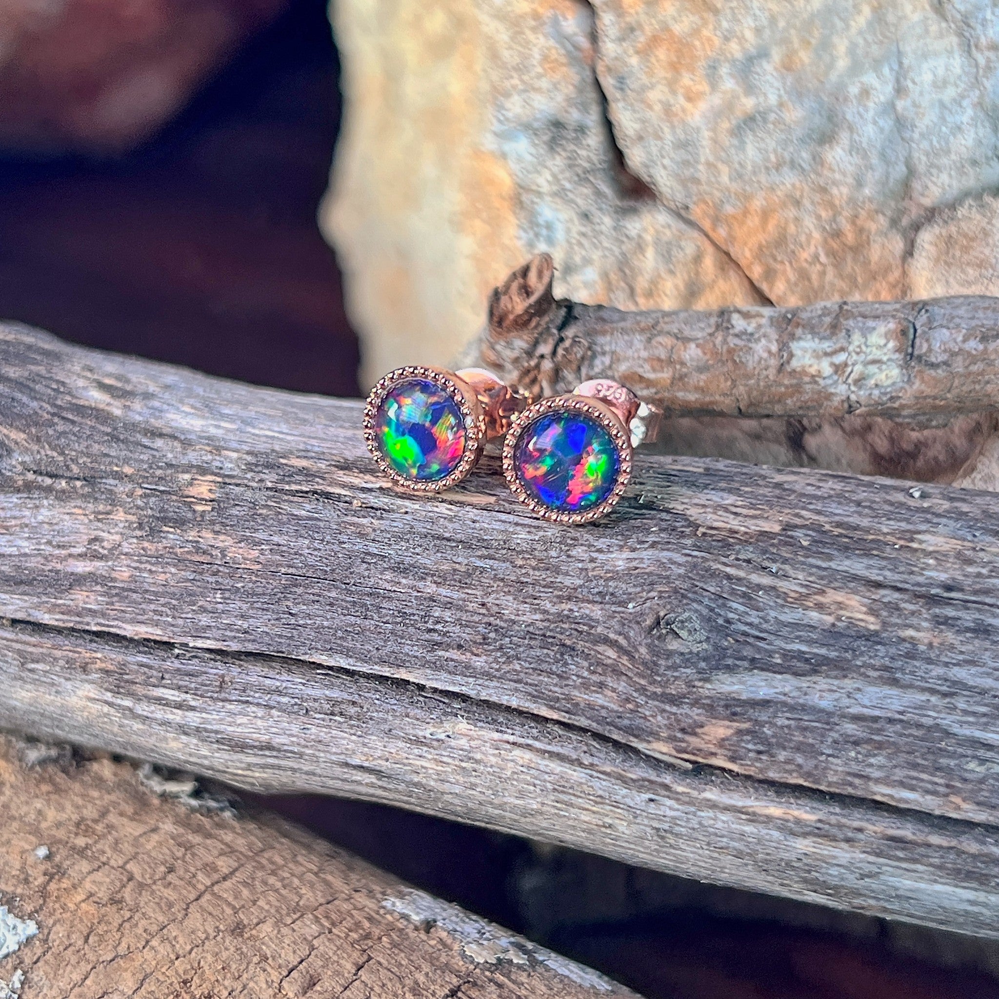 6mm Australian opal triplet earrings in rose gold-plated silver, red, blue and green