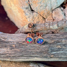 Australian opal triplet earrings, rose gold-plated silver, 6mm stones showing red, blue and green