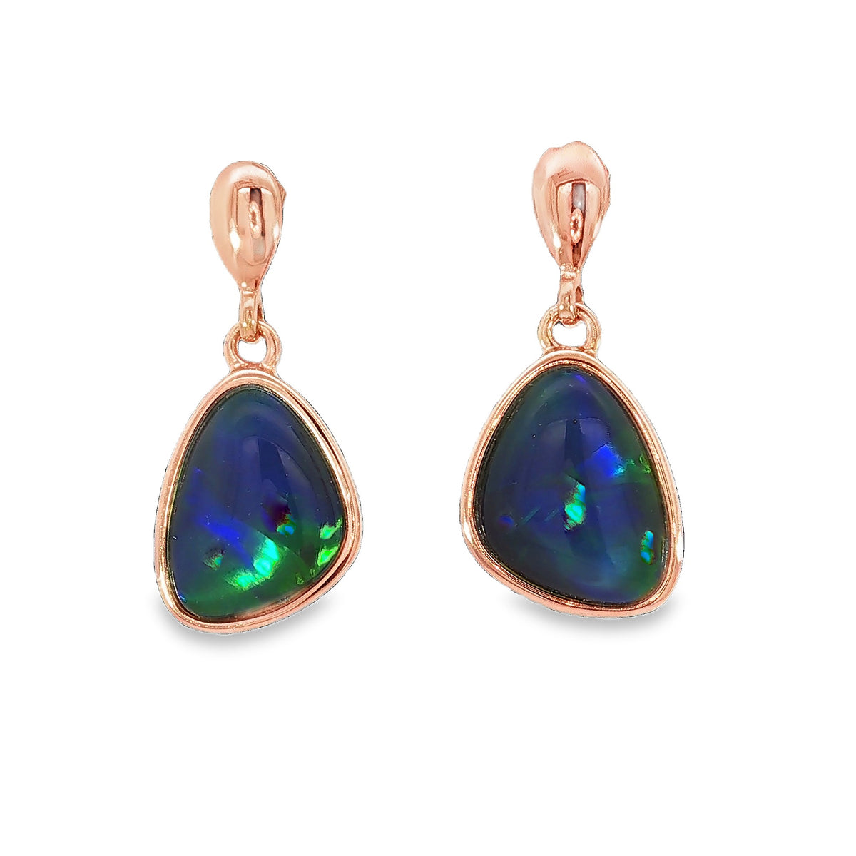 12.5 x 10.5mm triangular Australian opal triplet earrings in rose gold-plated silver