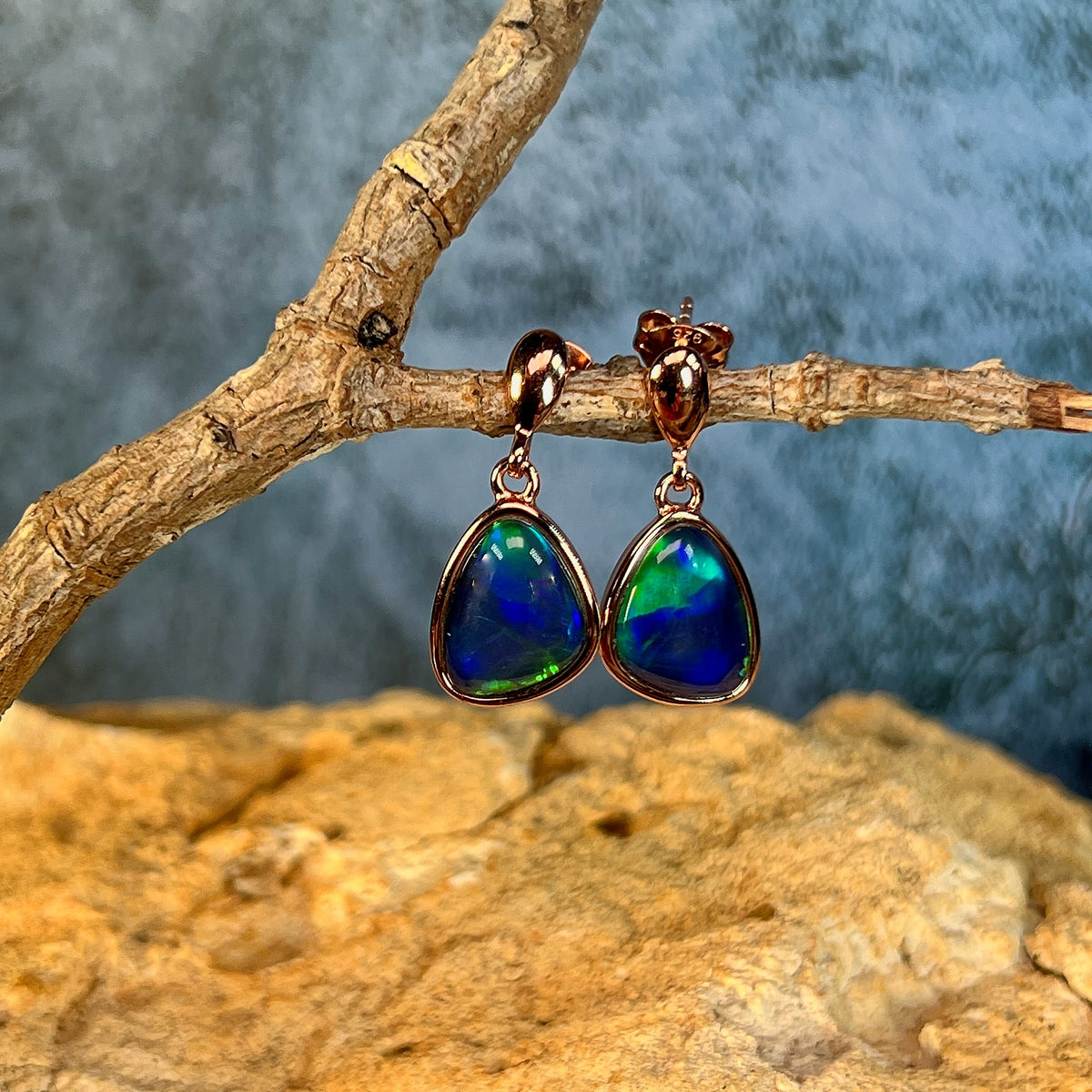 triangular Australian opal triplet earrings in rose gold-plated silver, blue and green play-of-colour