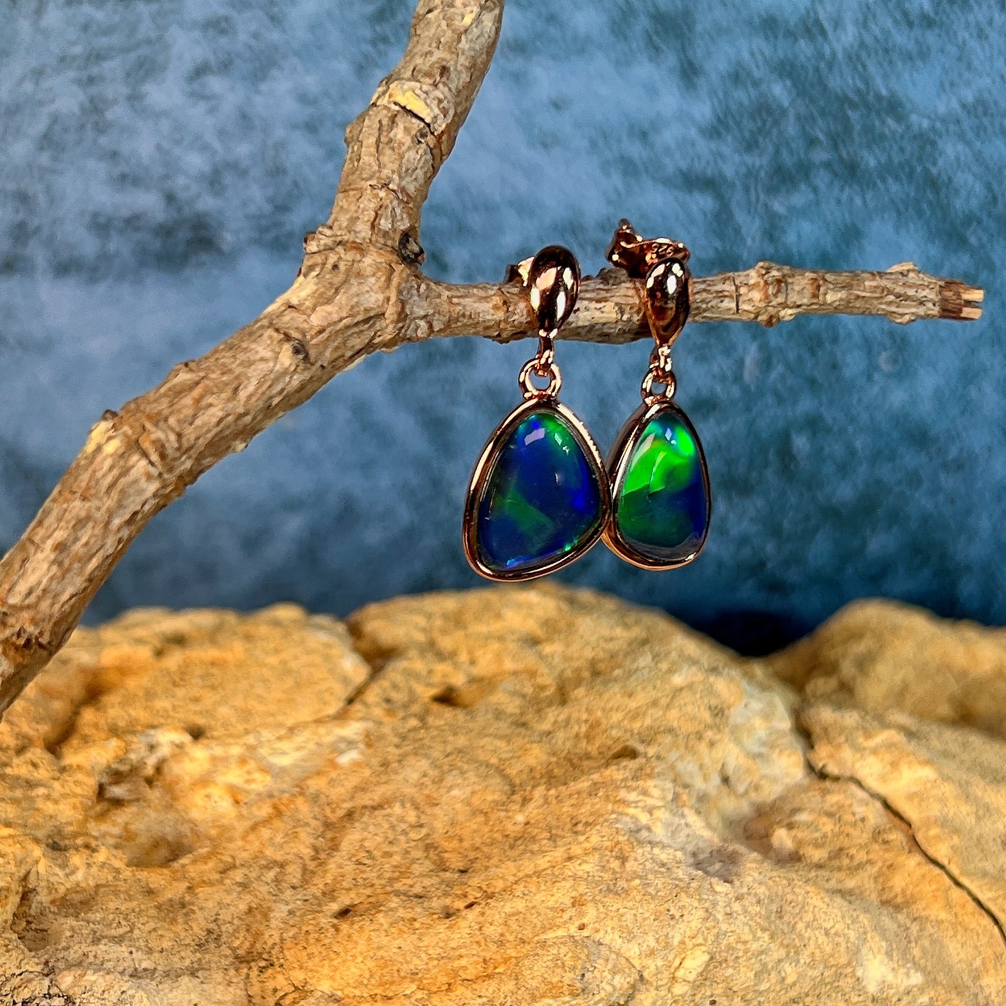 rose gold-plated silver Australian opal triplet earrings with 12.5 x 10.5mm triangular stones