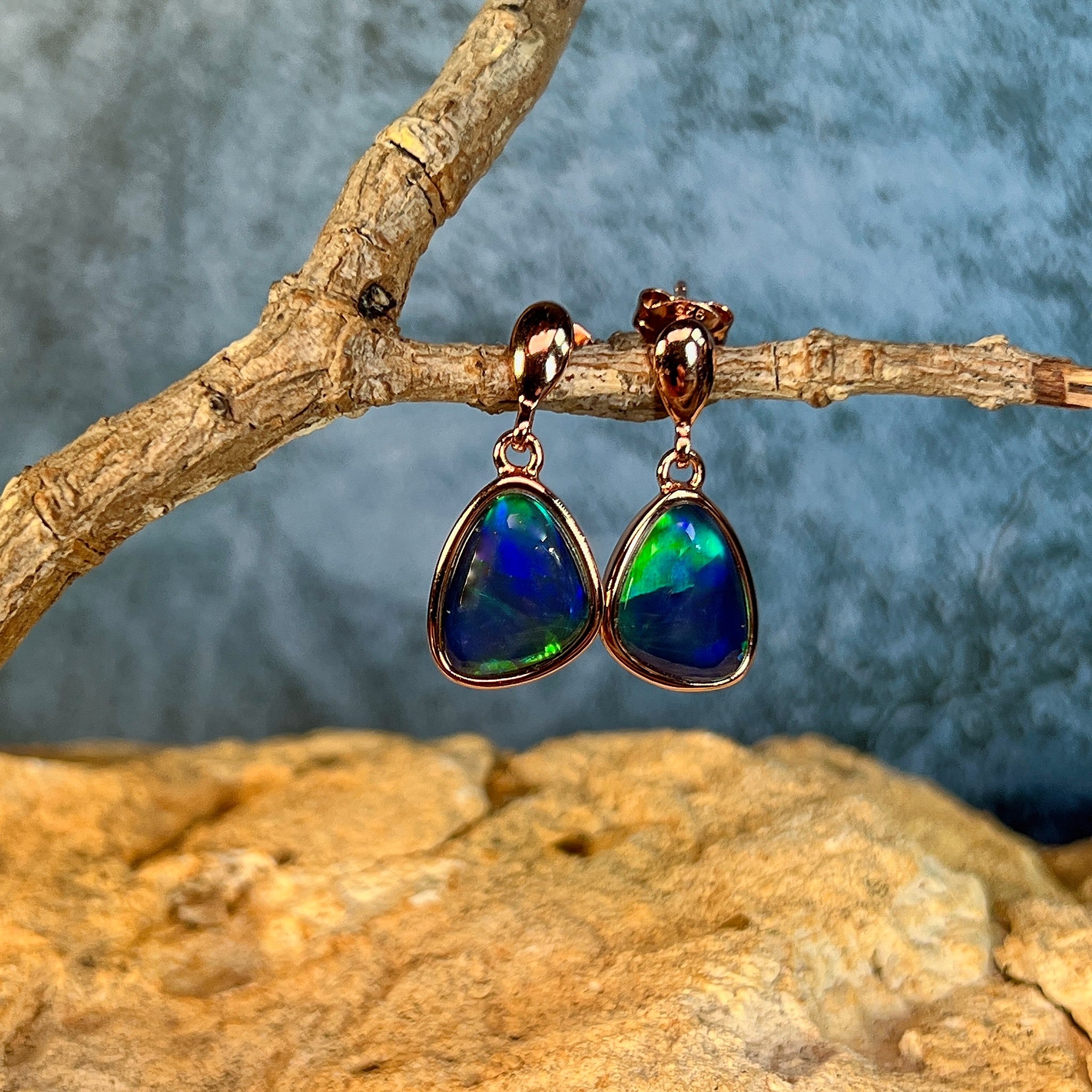 12.5 x 10.5mm Australian opal triplet earrings in rose gold-plated silver, blue and green