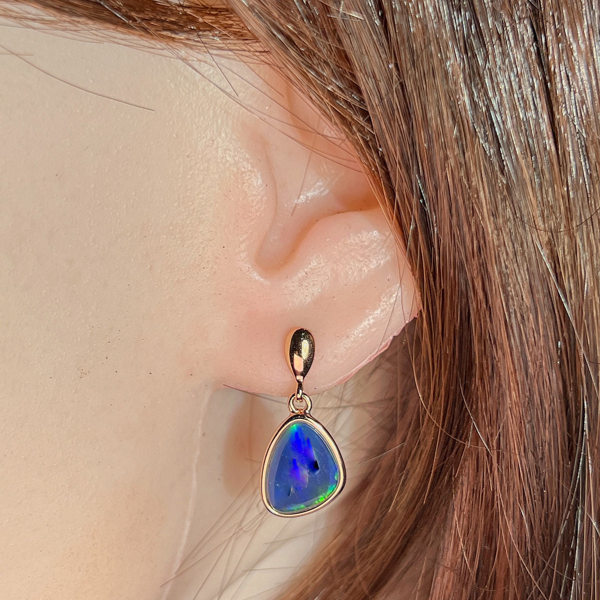 Worn Australian opal triplet earrings in rose gold-plated silver, blue and green, 12.5 x 10.5mm