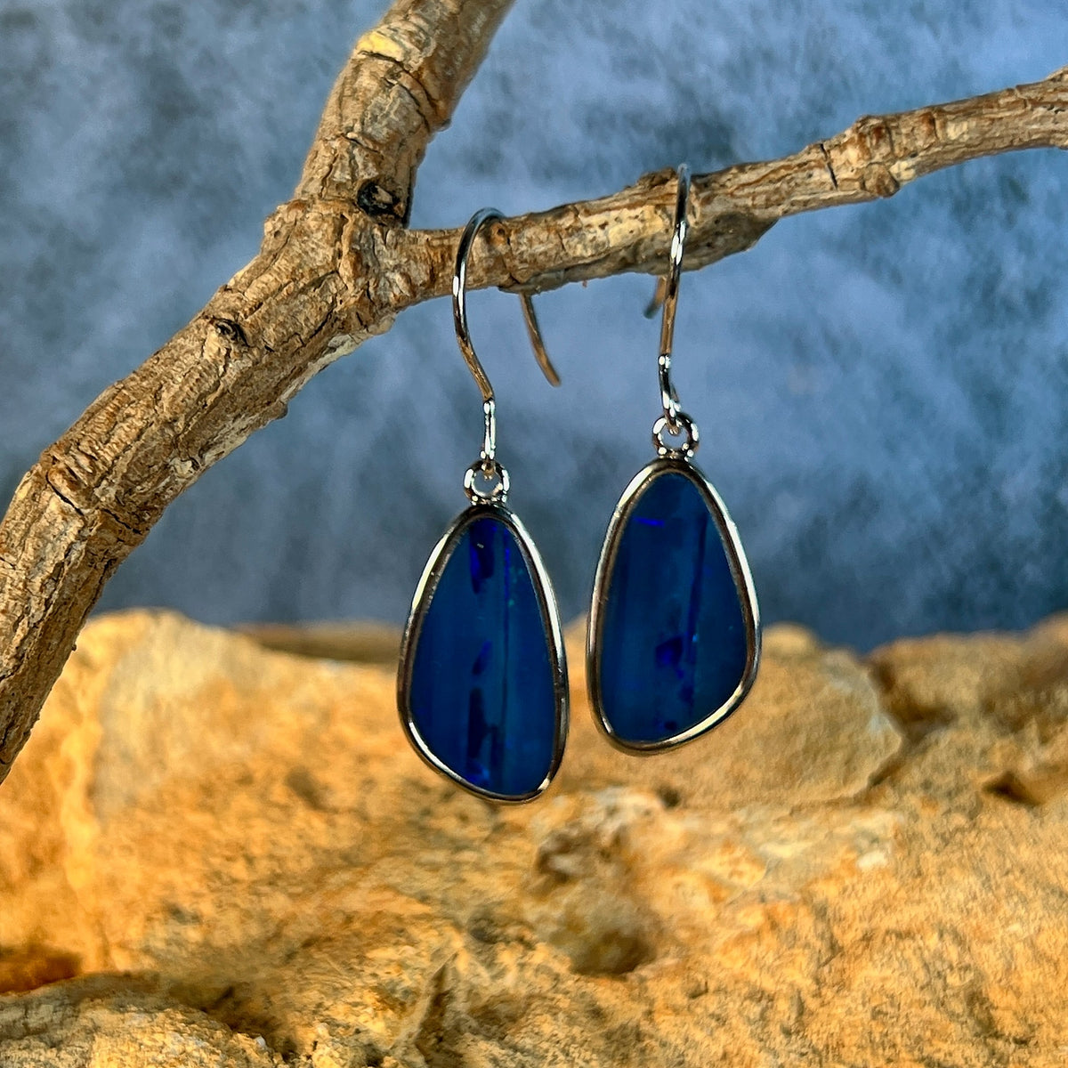 freeform Australian opal doublet earrings in sterling silver, blue and green play-of-colour