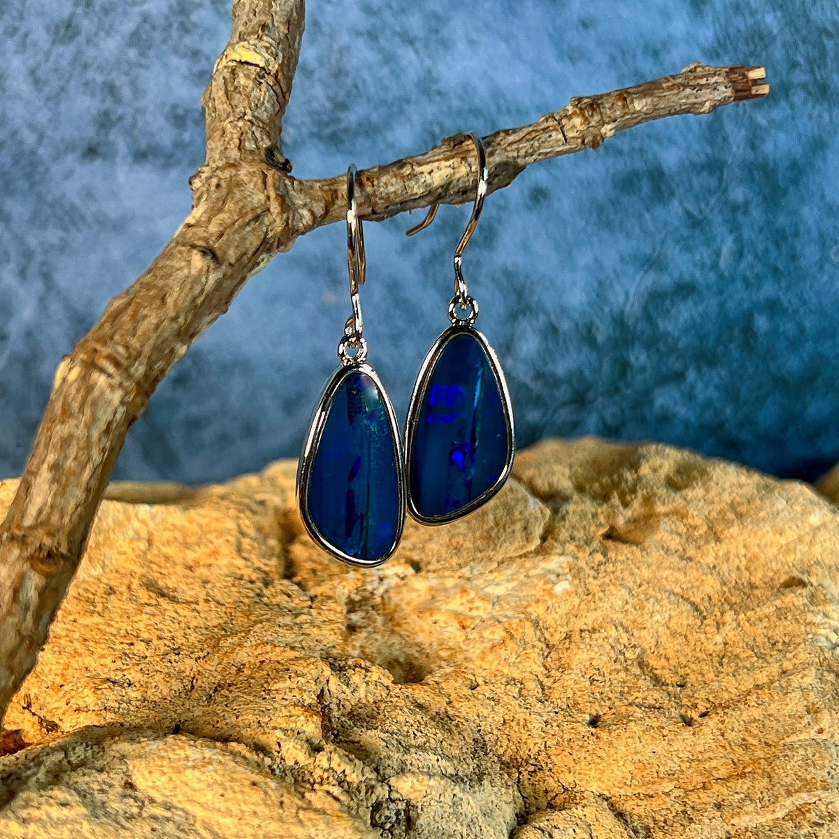 sterling silver Australian opal doublet earrings with 17.5 x 9mm freeform stones