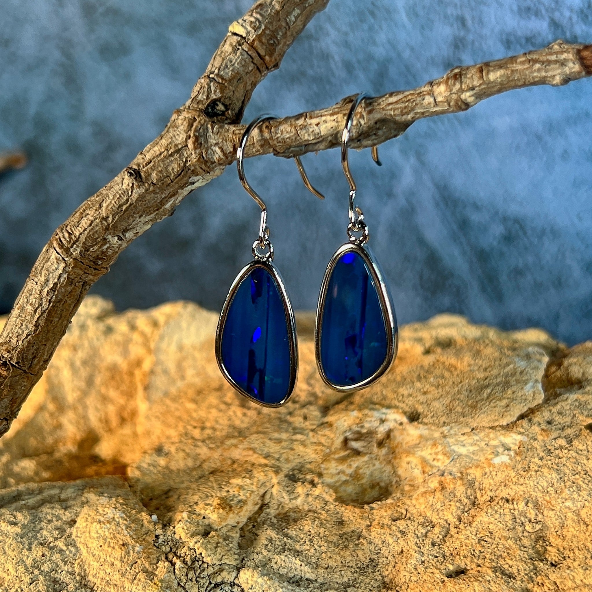 blue and green play-of-colour in 17.5 x 9mm freeform Australian opal doublet earrings