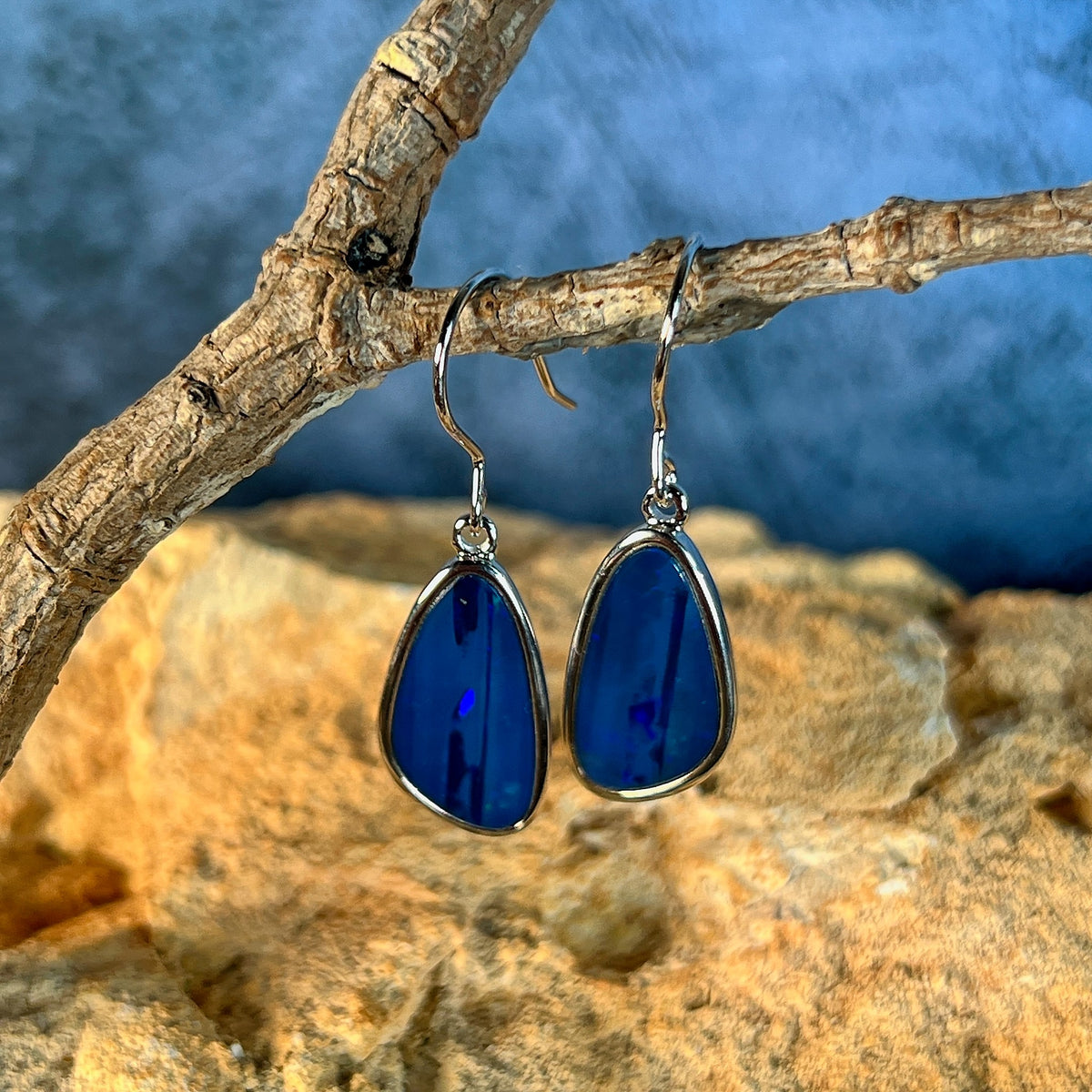 17.5 x 9mm Australian opal doublet earrings in sterling silver, blue and green