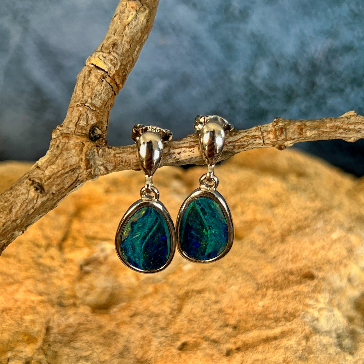 12 x 8mm Australian opal doublet earrings in sterling silver, red, pink, blue and green