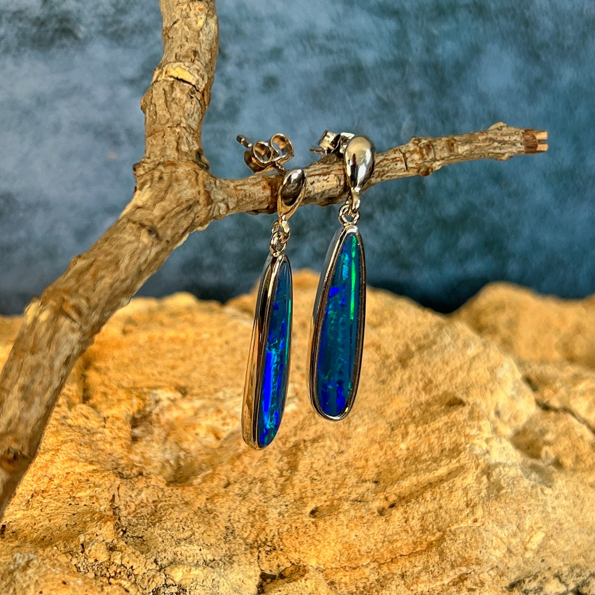 sterling silver Australian opal doublet earrings with 23 x 6mm freeform stones