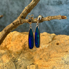 green and blue play-of-colour in 23 x 6mm freeform Australian opal doublet earrings