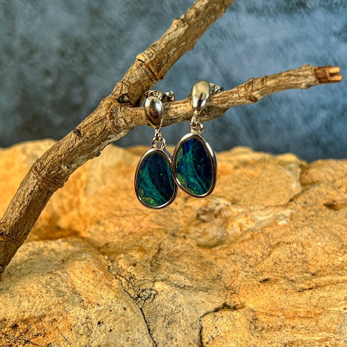 sterling silver Australian opal doublet earrings with 12 x 8.5mm freeform stones