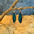 blue and green play-of-colour in 24 x 8mm freeform Australian opal doublet earrings