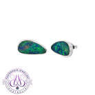 Freeform opal doublet stud earrings in sterling silver with blue and green play-of-colour
