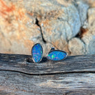 freeform Australian opal doublet earrings in sterling silver, red, blue, yellow and green play-of-colour