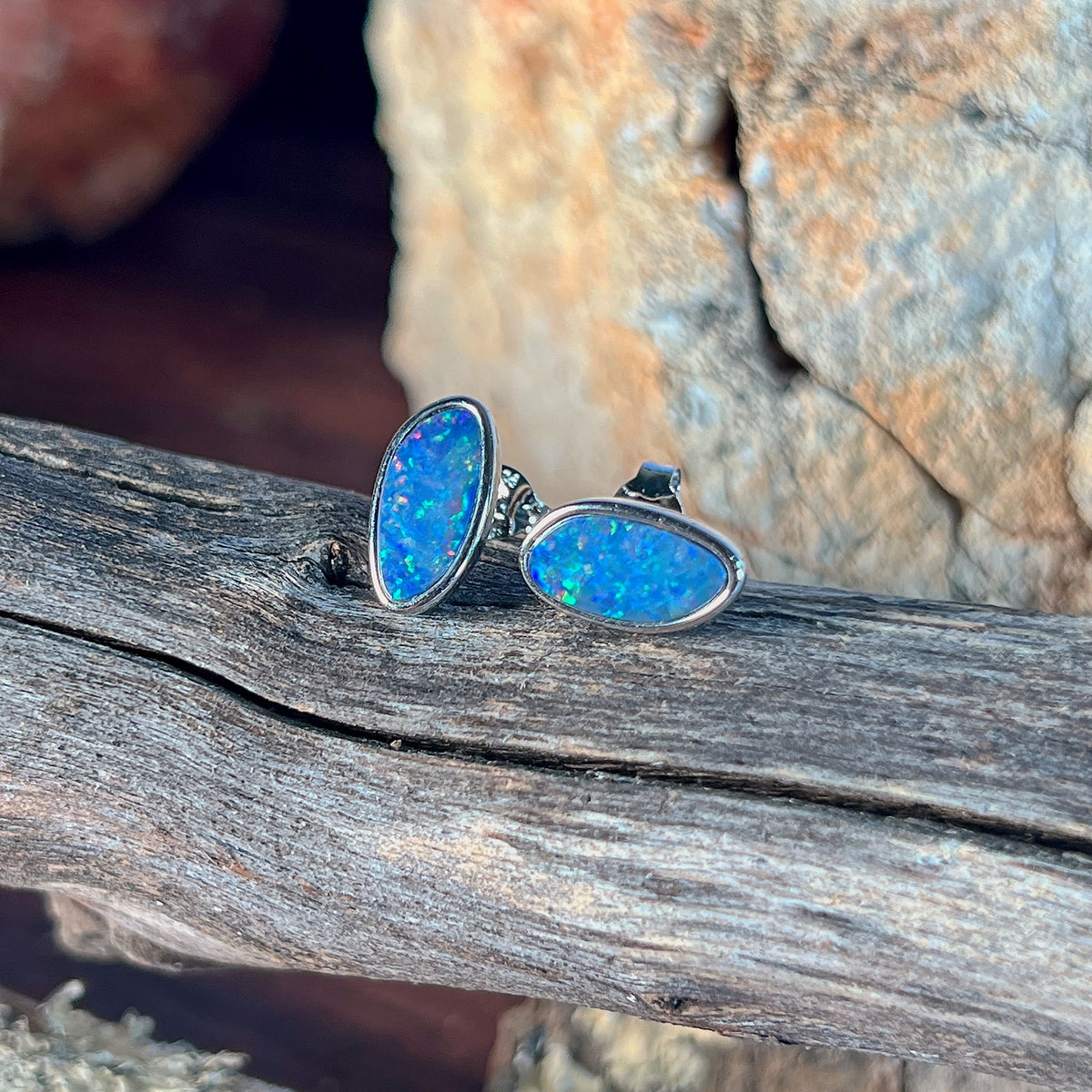 sterling silver Australian opal doublet earrings with 12 x 6mm freeform stones
