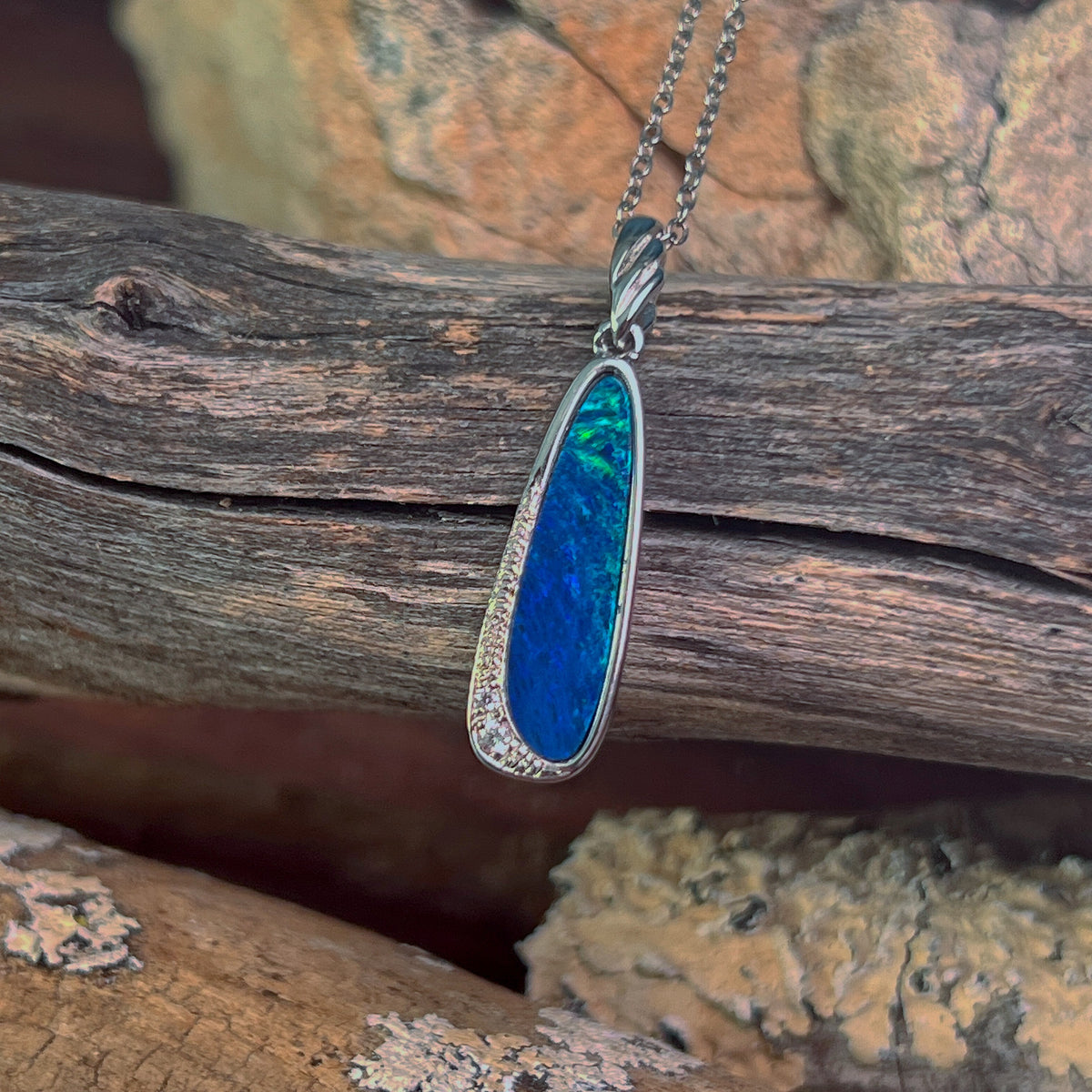 20 x 6mm Australian opal doublet pendant in sterling silver, blue and green