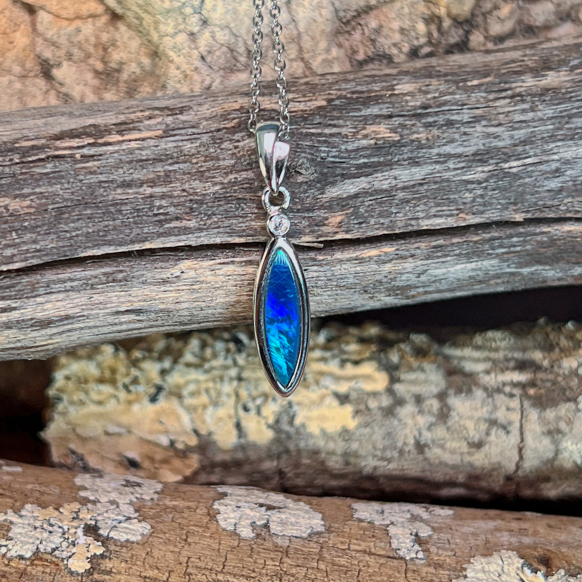 16 x 5mm Australian opal doublet pendant in sterling silver, blue and green