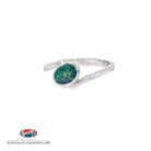 Oval opal doublet set on a slant in a sterling silver split-shank ring, showing blue, red and green play of colour