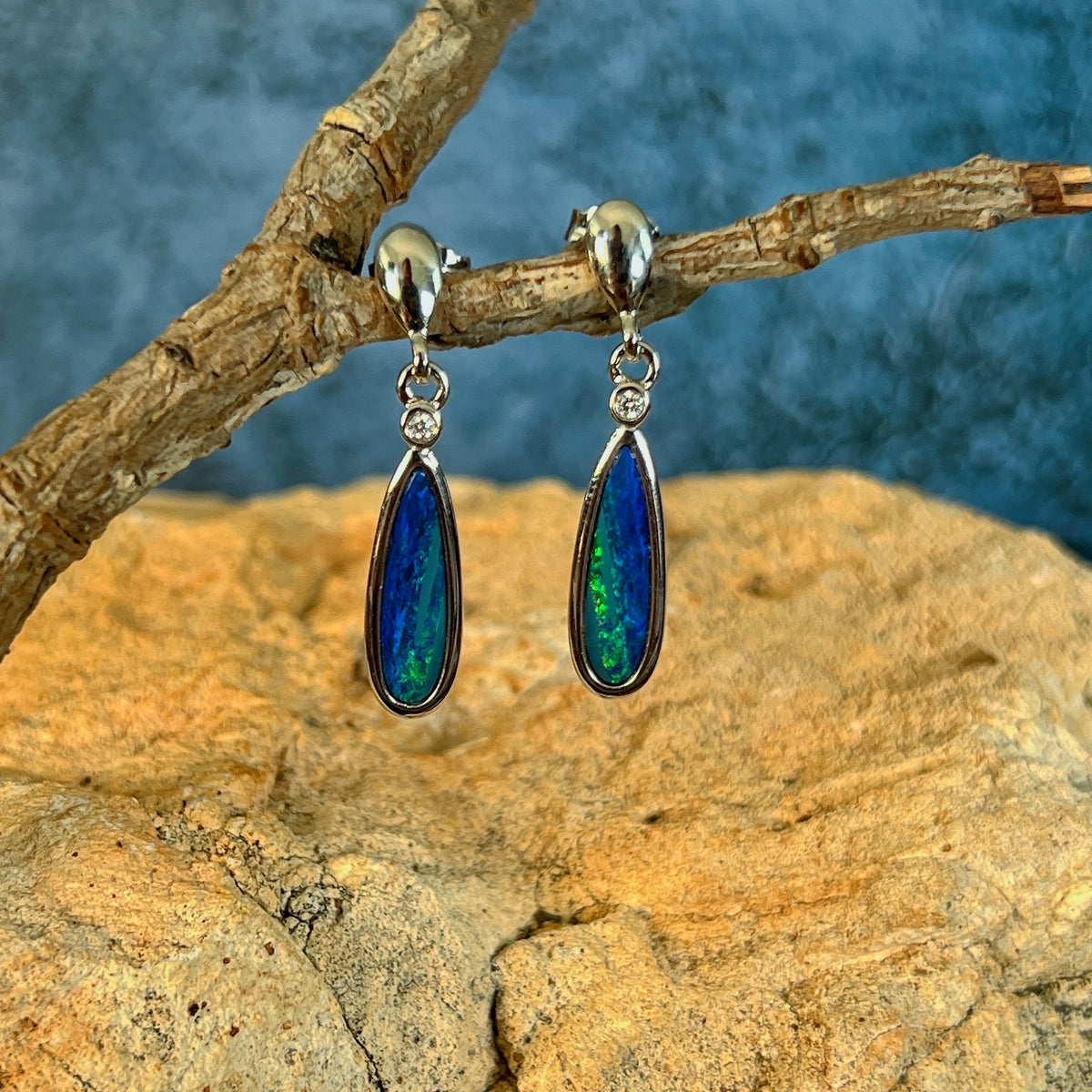 pear-shaped Australian opal doublet earrings in sterling silver, blue and green play-of-colour