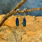 sterling silver Australian opal doublet earrings with 15 x 5mm pear-shaped stones