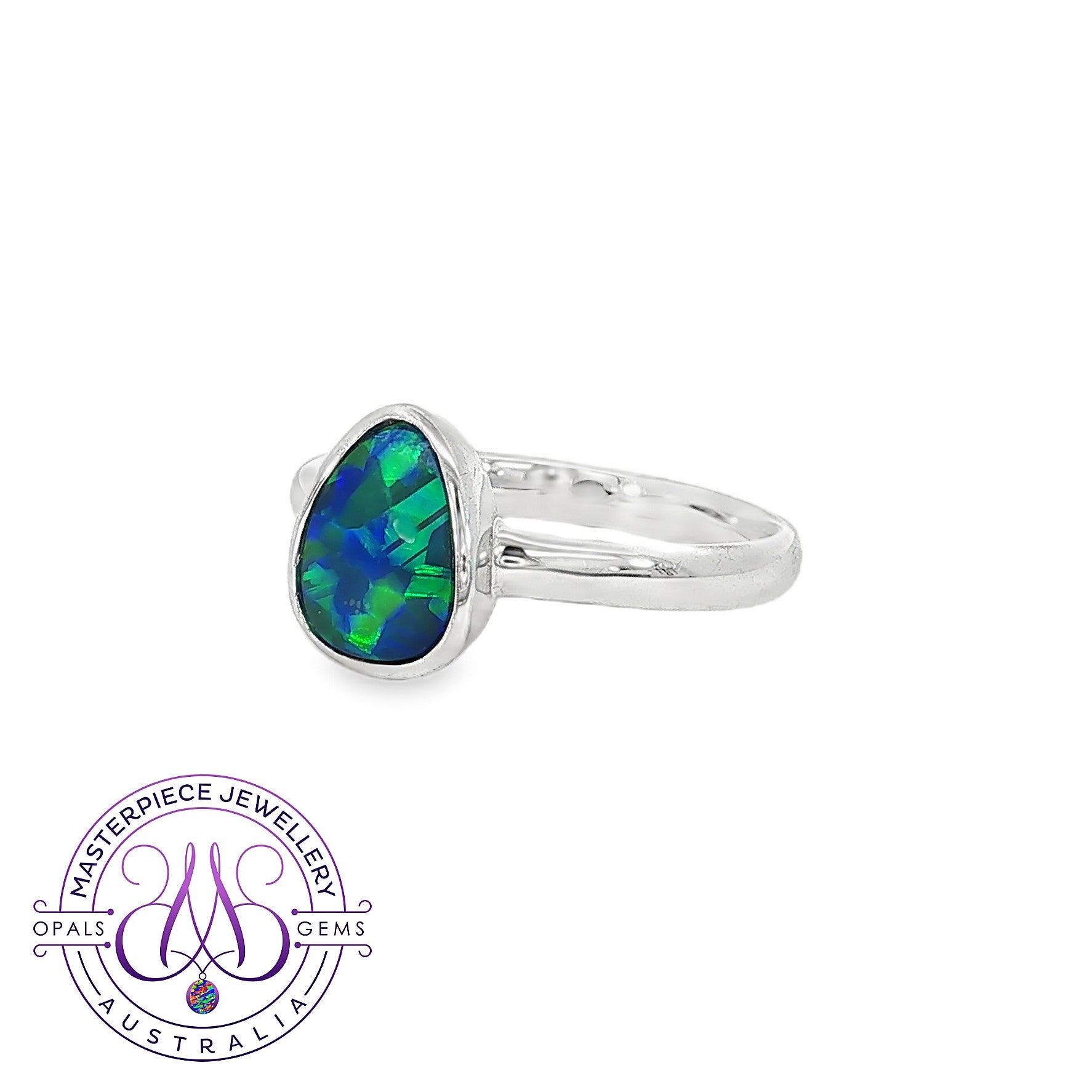 Pear-shaped opal doublet bezel-set solitaire ring in sterling silver, blue and green