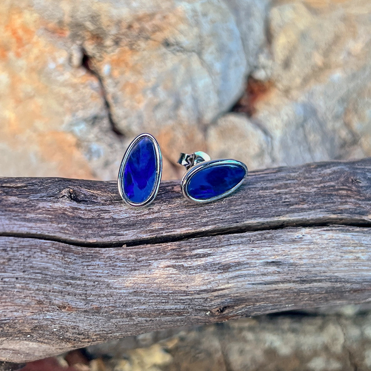 sterling silver Australian opal doublet earrings with 11 x 6mm pear-shaped stones