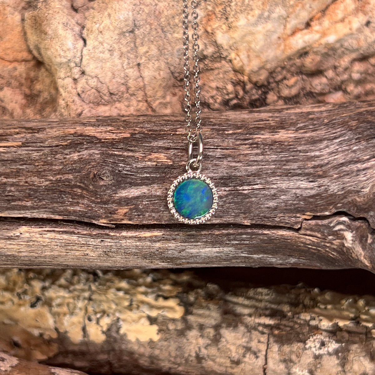 7mm Australian opal doublet pendant in sterling silver, blue and green