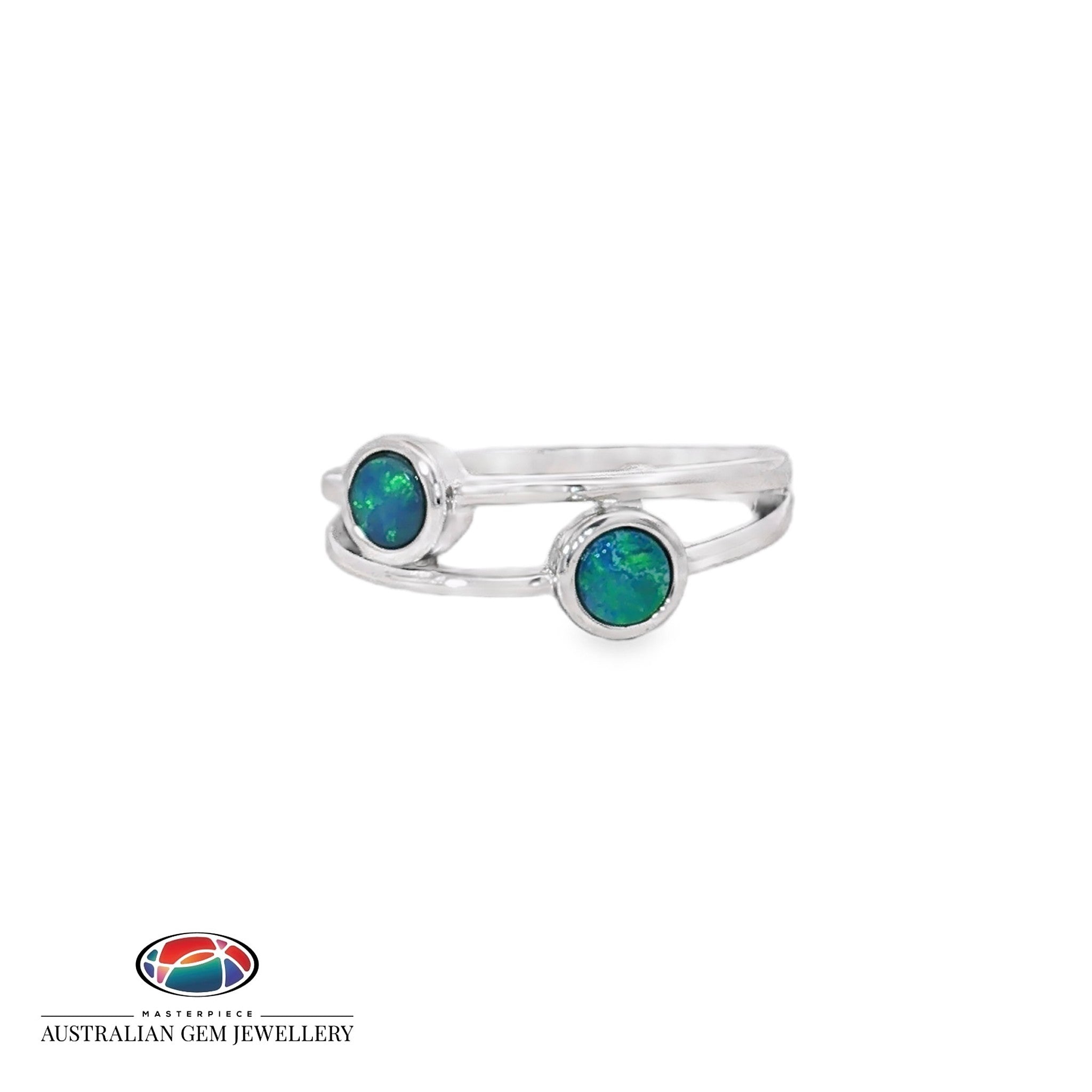 Sterling silver split-band ring with two bezel-set round opal doublets in blue and green